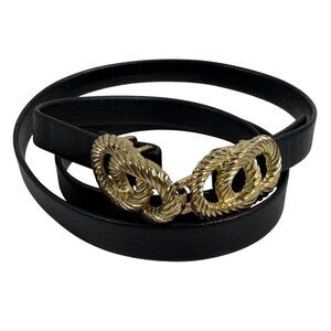 VTG Gold-Tone Interlocking Knot Buckle On Black Vegan Leather Skinny Belt Women